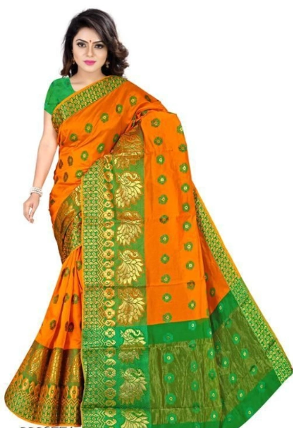 Jacquard Work Banarsi Cotton Silk  Saree With Blouse Piece -  Orange/ Green,  